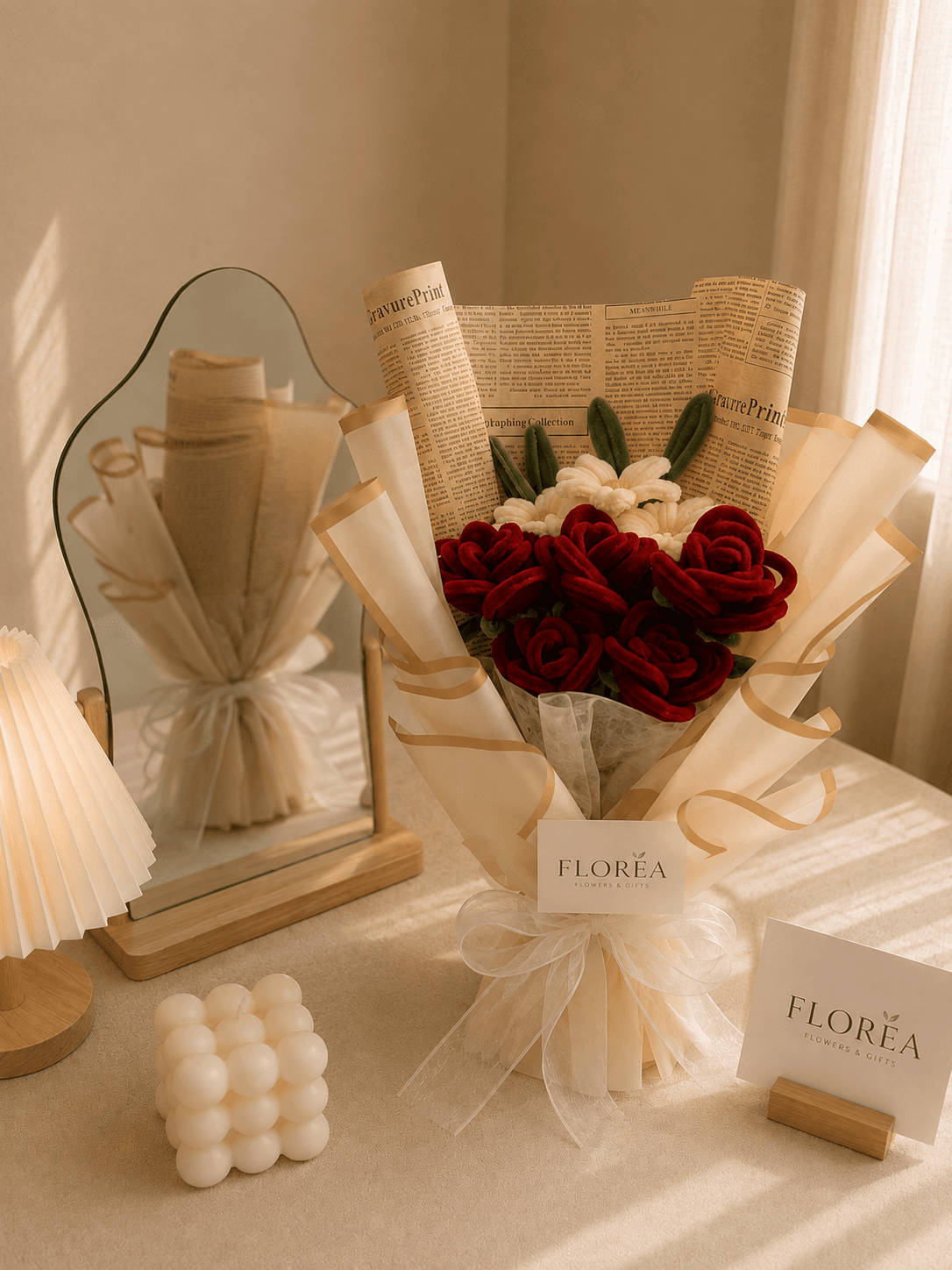 Handmade fuzzy-wire bouquet with deep red velvet roses and white daisy accents, wrapped in kraft newspaper with a sheer ribbon, styled on a sunlit tabletop with a mirror