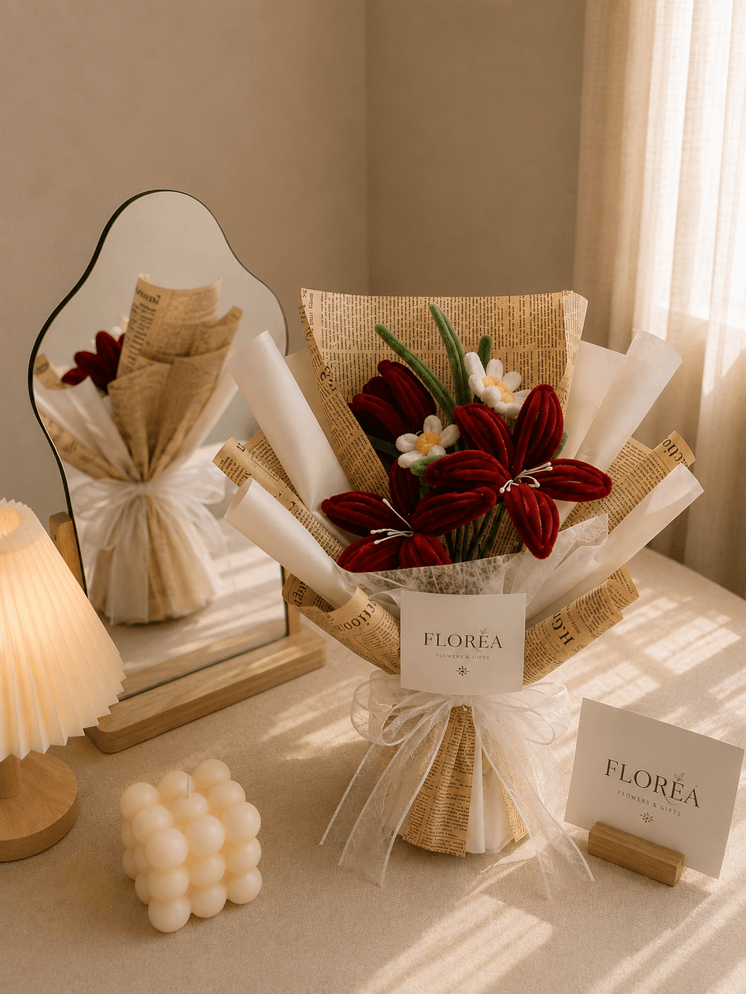 Handmade fuzzy-wire bouquet with deep red velvet lily blooms and white daisy accents, wrapped in kraft newspaper with a sheer ribbon, styled on a sunlit tabletop with a mirror