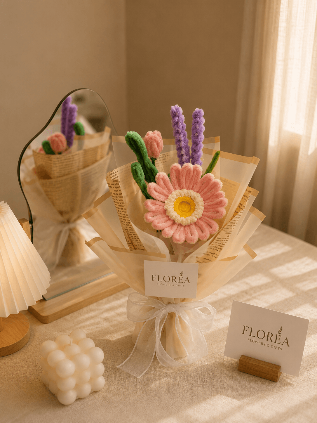 Handmade fuzzy-wire bouquet with a single pink gerbera daisy, purple lavender stems, and a pink tulip bud, wrapped in kraft newspaper with a sheer ribbon, styled on a sunlit tabletop with a mirror